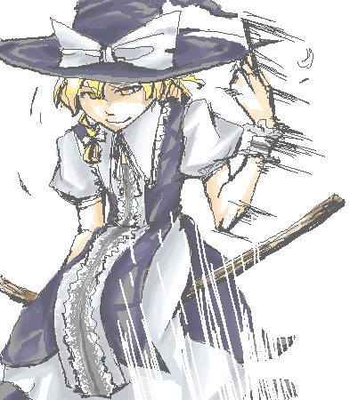 gyoh, kirisame marisa, touhou, lowres, 1girl, blonde hair, braid, broom, female focus, hat, oekaki, solo, white background, witch, witch hat, wrist cuffs, yellow eyes