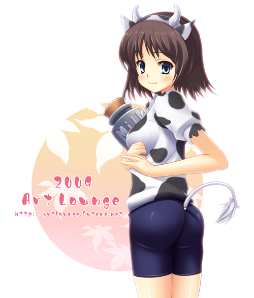 cute a hermit, 00s, 1girl, 2009, animal ears, animal print, ass, bike shorts, brown hair, cow ears, cow horns, cow print, cow tail, female focus, horns, leaf, looking back, maple leaf, new year, solo, tail