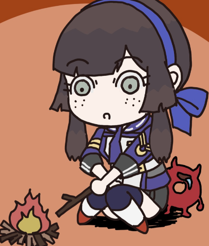 boushi-ya, enemy lifebuoy (kancolle), mogador (kancolle), kantai collection, lowres, 1girl, abyssal ship, black hair, black skirt, black thighhighs, blue hairband, blue necktie, blue ribbon, blue shirt, blunt sidelocks, campfire, chibi, freckles, grey eyes, hairband, long hair, military uniform, necktie, ribbon, shirt, sidelocks, sitting, skirt, thighhighs, two-tone legwear