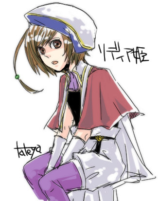 tateya, lydia (tytania), tytania, lowres, 1girl, ahoge, artist name, ascot, blush, brooch, brown eyes, brown hair, elbow gloves, female focus, gem, gloves, jewelry, looking at viewer, pantyhose, purple pantyhose, simple background, sitting, solo, white background, white gloves