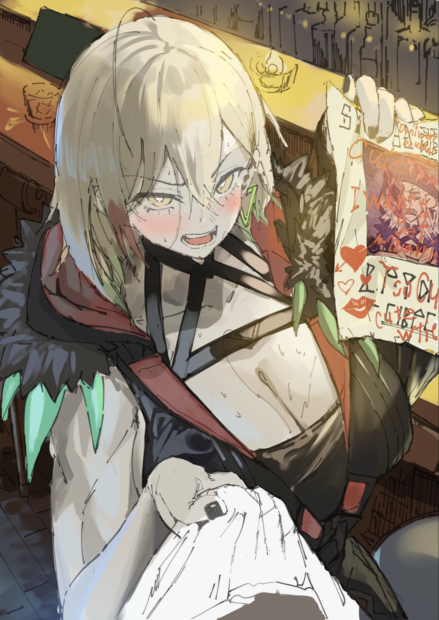 sayaka ikku, diabellstar the black witch, yu-gi-oh!, highres, 1girl, alternate eye color, blush, breasts, cleavage, dress, duel monster, green hair, grey hair, holding, holding paper, hood, large breasts, medium hair, multicolored hair, paper, shirt tug, solo, yellow eyes