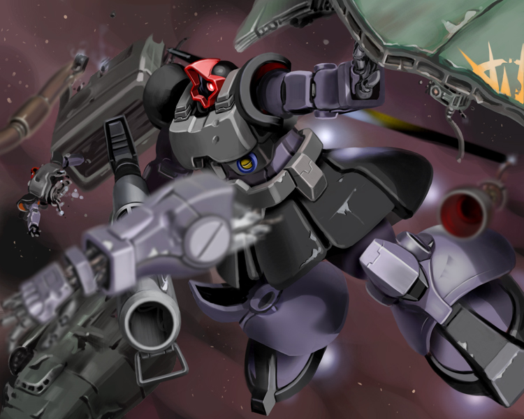 dorasu, dom (mobile suit), rick dom, gundam, mobile suit gundam, battle damage, damaged, injury, m1 bazooka, mecha, mecha focus, no humans, robot, rocket launcher, severed limb, solo, space, weapon
