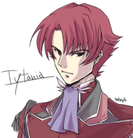 tateya, jouslain tytania, tytania, bad id, bad pixiv id, lowres, 1boy, brown eyes, male focus, red hair, short hair, simple background, solo, white background