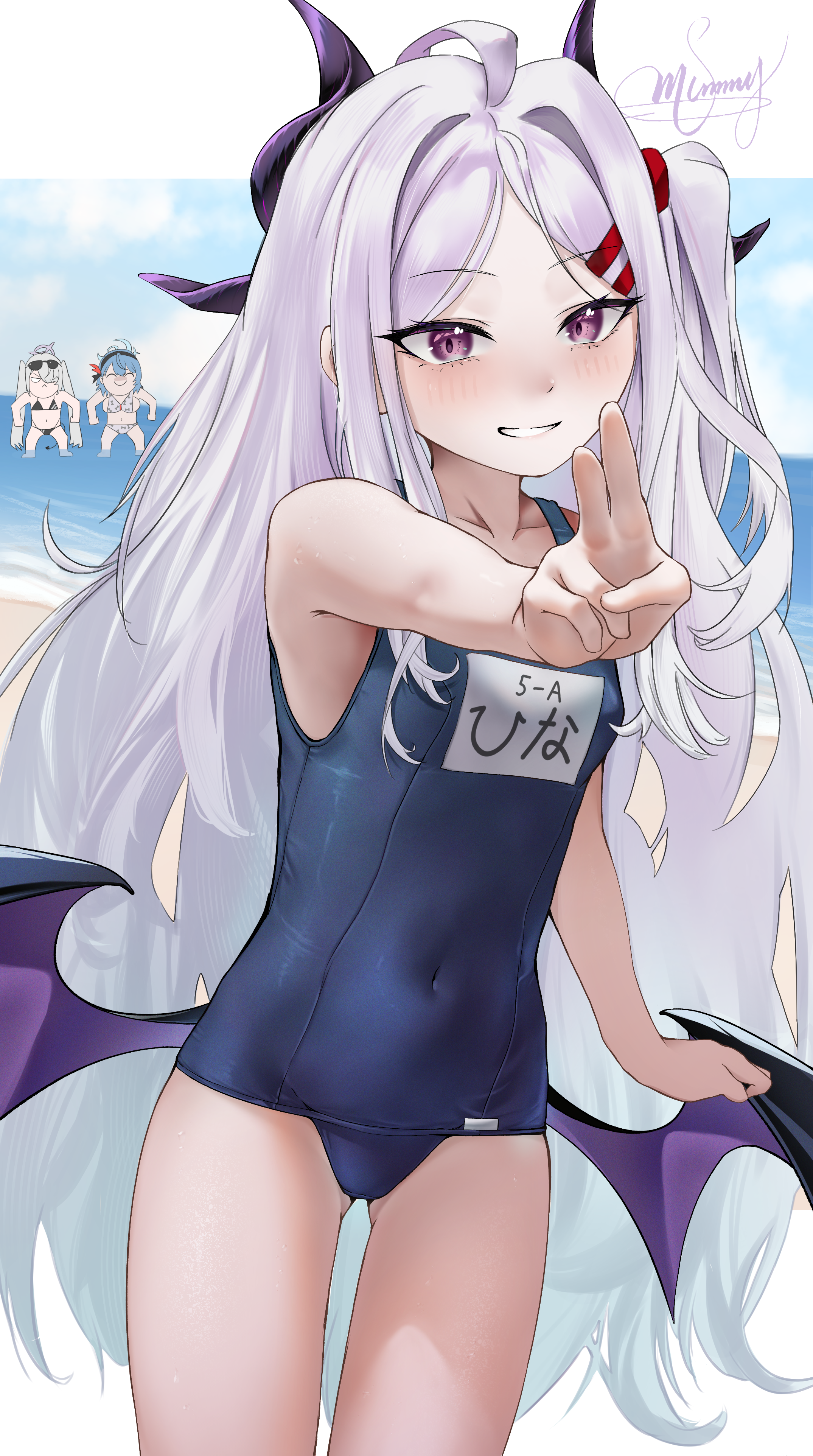 ako (blue archive), hina (blue archive), iori (blue archive), iori (swimsuit) (blue archive), blue archive, absurdres, commentary, highres, 3girls, ahoge, bikini, black bikini, black halo, blue hair, blush, breasts, day, demon girl, demon horns, demon wings, gluteal fold, grey hair, halo, horns, long hair, low wings, mlmikuy, multiple girls, ocean, outdoors, purple eyes, school swimsuit, small breasts, smile, solo focus, swimsuit, twintails, v, very long hair, white hair, wings