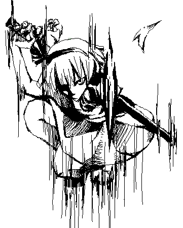 gyoh, konpaku youmu, touhou, lowres, 1girl, attack, female focus, greyscale, hairband, katana, monochrome, oekaki, solo, sword, weapon, white background