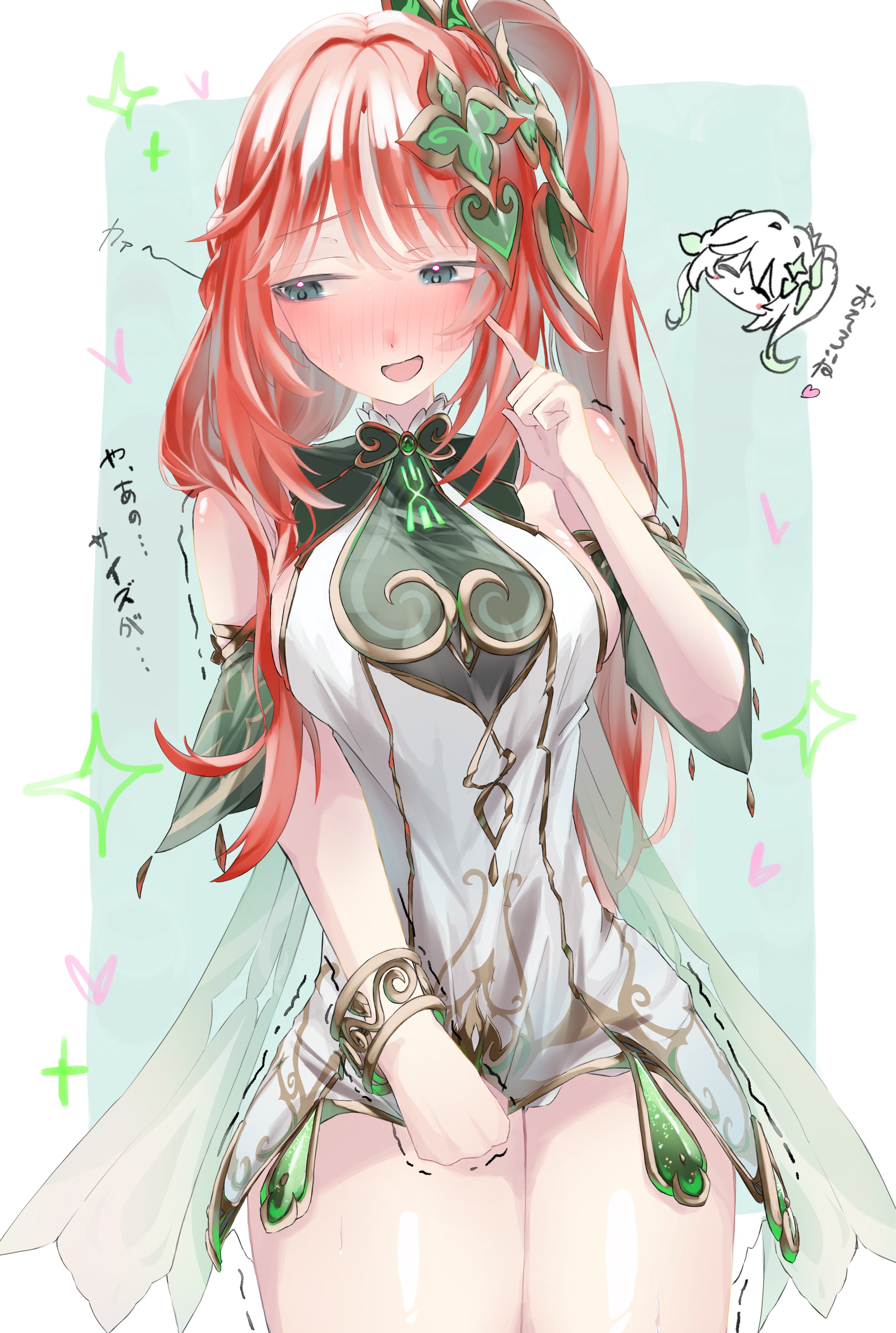 e6imay0, nahida (genshin impact), nilou (genshin impact), genshin impact, absurdres, commentary request, highres, translation request, 2girls, alternate hairstyle, averting eyes, bare shoulders, blush, bracelet, breasts, cosplay, detached sleeves, dress, dress tug, gold trim, green sleeves, hair ornament, hand up, jewelry, long hair, medium breasts, multiple girls, nahida (genshin impact) (cosplay), open mouth, red hair, side ponytail, sideboob, sleeveless, sleeveless dress, solo focus, very long hair, white dress