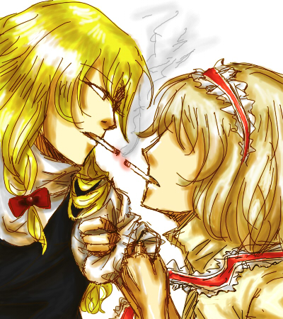 gyoh, alice margatroid, kirisame marisa, touhou, lowres, 2girls, blonde hair, braid, cigarette, cigarette kiss, female focus, hairband, multiple girls, smoking