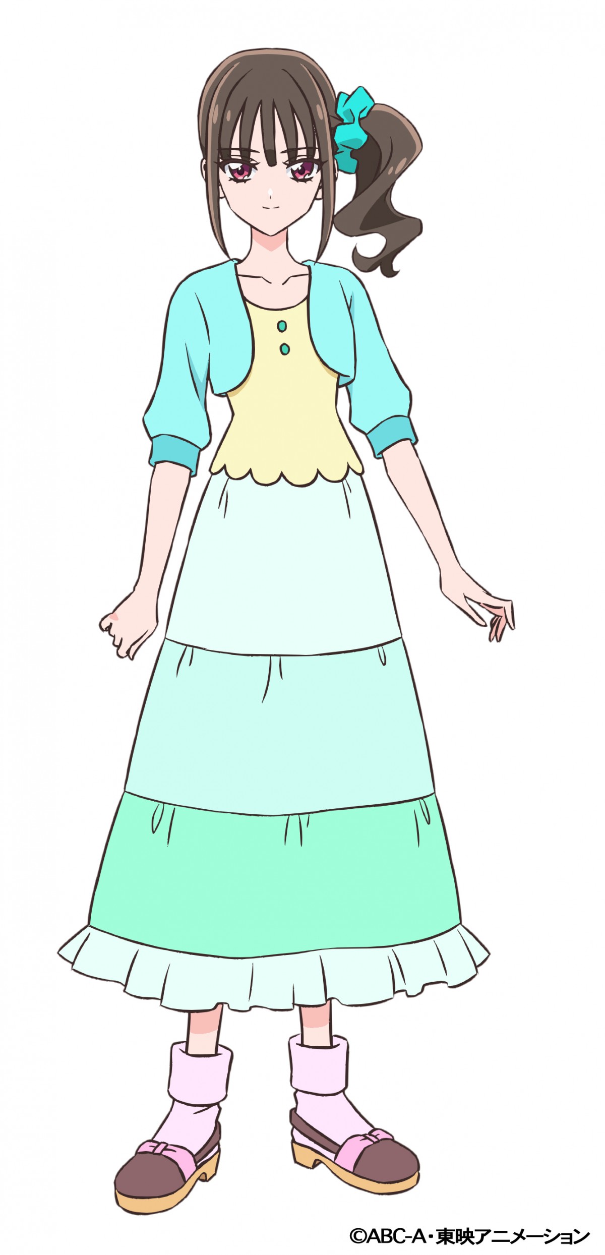 nekoyashiki mayu, precure, wonderful precure!, absurdres, highres, official art, second-party source, 1girl, blue jacket, blue skirt, brown hair, brown shoes, closed mouth, cropped jacket, full body, hair ornament, hair scrunchie, jacket, long hair, long skirt, looking at viewer, purple eyes, scrunchie, shirt, shoes, side ponytail, simple background, skirt, smile, socks, solo, standing, tachi-e, white background, white socks, yellow shirt