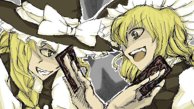 gyoh, kirisame marisa, touhou, 2girls, blonde hair, braid, clone, dual persona, female focus, grey background, hat, mexican standoff, multiple girls, oekaki, witch, witch hat