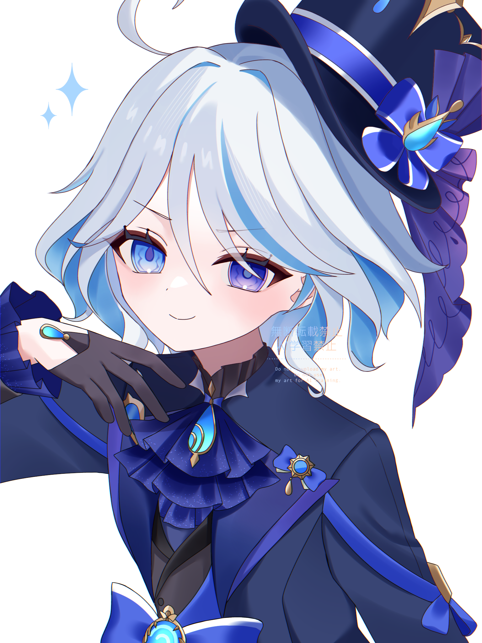 kino (curry pan), furina (genshin impact), genshin impact, commentary, english commentary, highres, 1girl, ascot, black gloves, blue ascot, blue bow, blue eyes, blue hair, blue hat, blue jacket, blue pupils, blue ribbon, bow, drop-shaped pupils, gloves, hair between eyes, hand up, hat, hat bow, hat ribbon, heterochromia, hydro symbol (genshin impact), jacket, light blush, long sleeves, looking at viewer, medium hair, multicolored hair, ribbon, simple background, smile, solo, streaked hair, symbol-shaped pupils, upper body, vision (genshin impact), white background, white hair