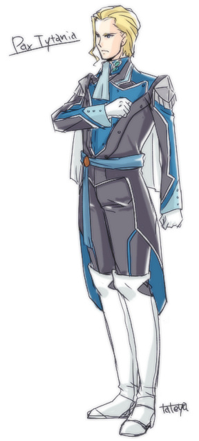 tateya, ariabart tytania, tytania, uniform, 1boy, ascot, blonde hair, boots, clenched hands, full body, hand on own chest, male focus, sash, serious, signature, simple background, solo, standing, tailcoat