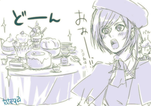 tateya, bal'ami tytania, lydia (tytania), tytania, lowres, 1girl, artist name, ascot, beret, blush, food, hat, long sleeves, looking afar, plate, short hair, simple background, surprised, table, tray, upper body, white background