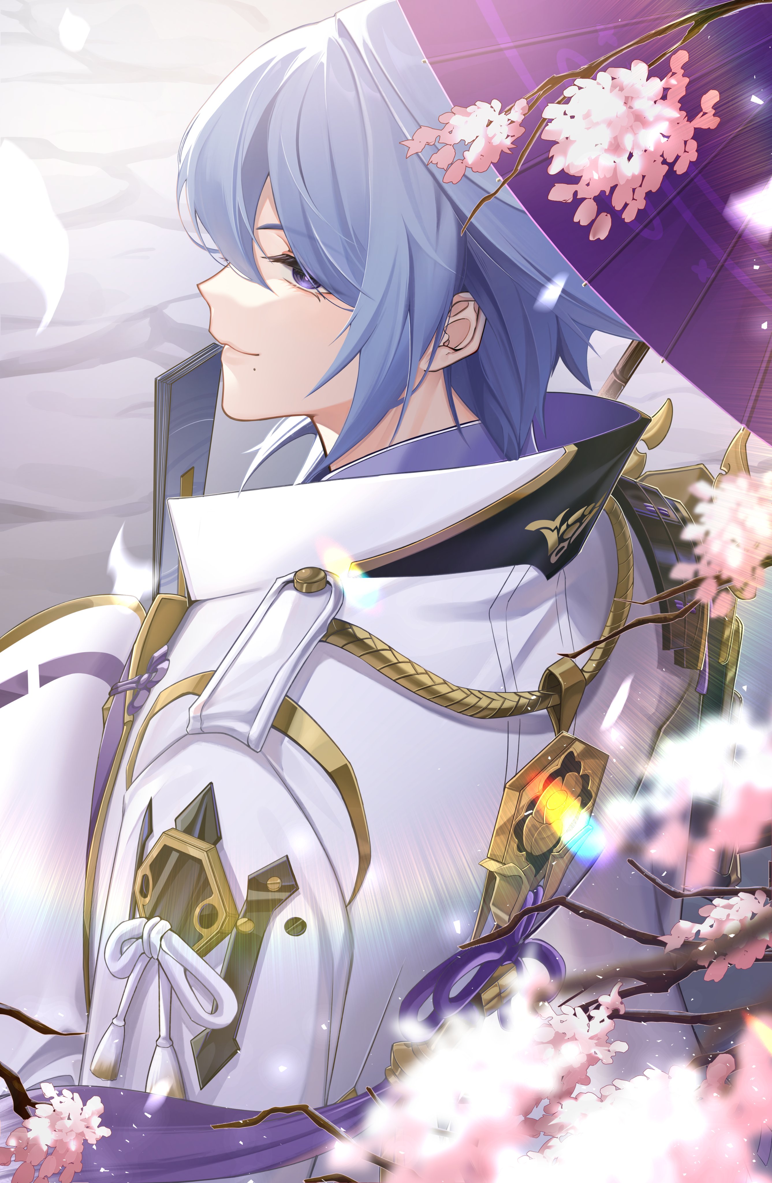 yvalshka, kamisato ayato, genshin impact, absurdres, commentary request, highres, 1boy, armor, blue hair, branch, cherry blossoms, closed mouth, falling petals, flower, folded fan, folding fan, gold trim, hair between eyes, hand fan, holding, holding fan, holding umbrella, jacket, japanese armor, light particles, long sleeves, looking at viewer, looking back, male focus, medium hair, mole, mole under mouth, oil-paper umbrella, petals, pink flower, purple eyes, purple umbrella, shoulder armor, single sode, smile, sode, solo, umbrella, upper body, white jacket, wide sleeves