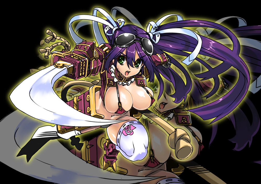 fujimon, 1girl, armor, breasts, cleavage, female focus, goggles, goggles on head, green eyes, huge breasts, katana, large breasts, long hair, open mouth, purple hair, solo, sword, thighhighs, twintails, warrior, weapon, zoom layer