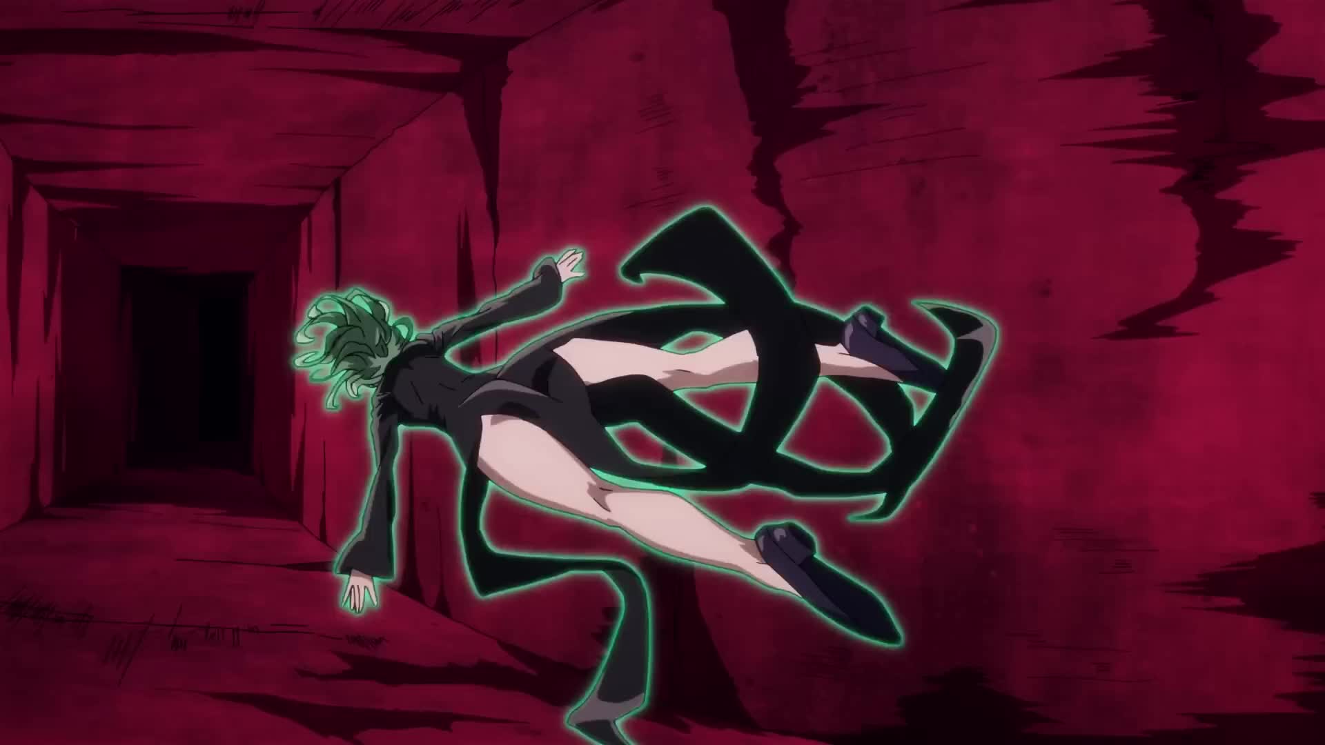 tatsumaki, one-punch man, animated, anime screenshot, highres, sound, tagme, video, 1girl, ass, black dress, breasts, clothing cutout, covered navel, dress, floating, floating hair, flying, green eyes, green hair, high heels, hip vent, huge ass, long hair, skin tight, small breasts, smile, thighs, toned, toned female