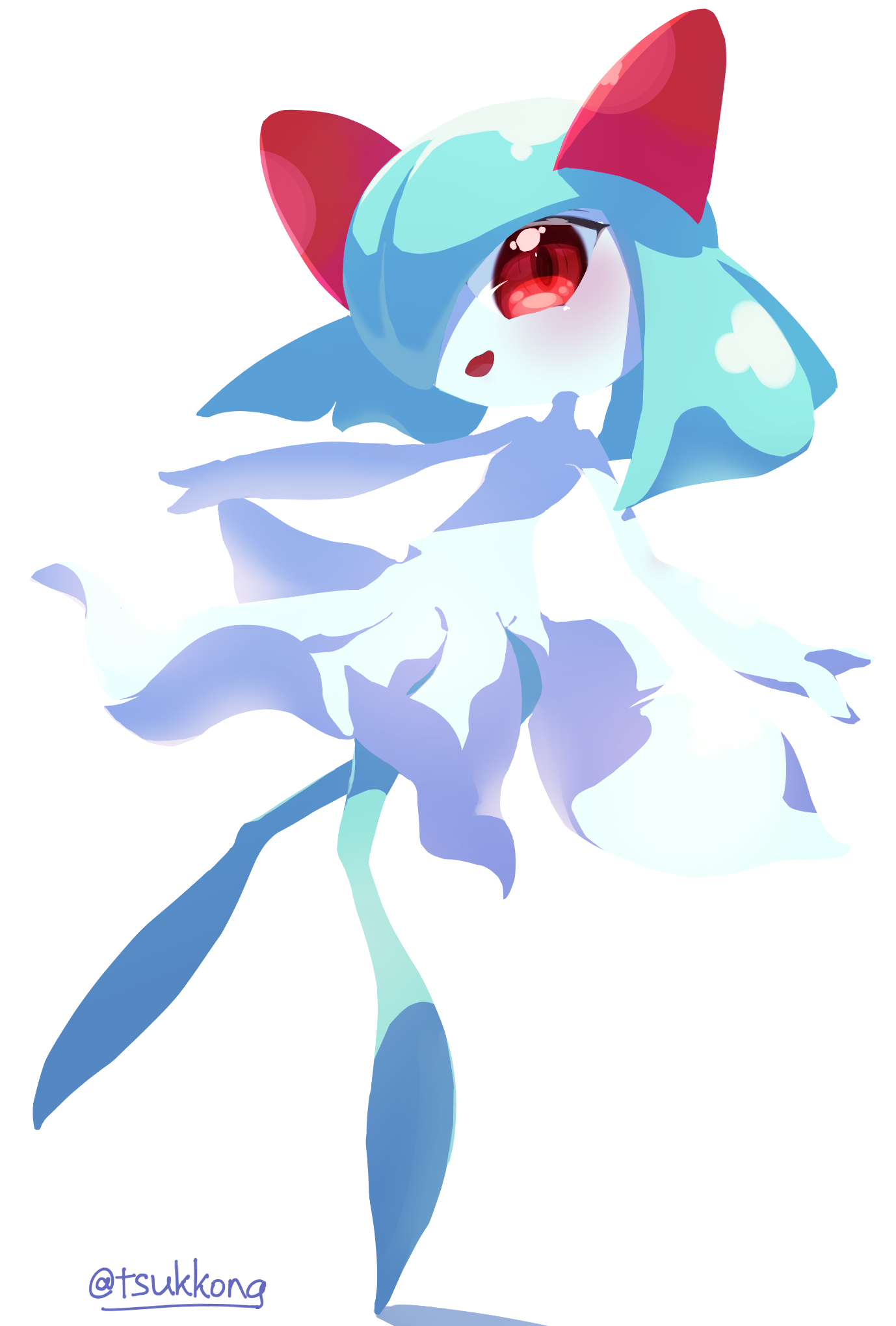 tsukkon, kirlia, nintendo, pokemon, 1girl, blush, breasts, colored skin, female focus, flat chest, gen 3 pokemon, green skin, hair over one eye, happy, leg up, looking at viewer, medium breasts, multicolored skin, no feet, no lineart, one eye covered, open mouth, pokemon (creature), red eyes, sidelocks, simple background, smile, solo, standing, standing on one leg, two-tone skin, white background, white skin