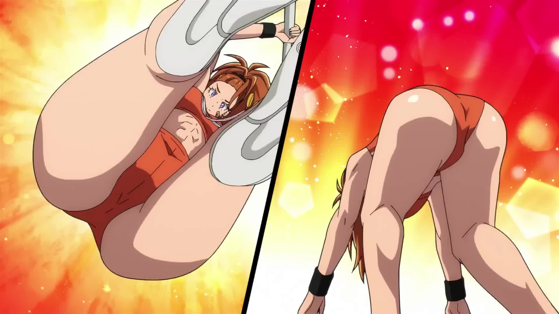 captain mizuki, one-punch man, animated, anime screenshot, highres, sound, tagme, video, 1girl, ass, bent over, breasts, buruma, large breasts, long hair, muscular, muscular female, navel, orange buruma, orange sports bra, ponytail, sports bra, sportswear, stomach, thighs, toned, toned female