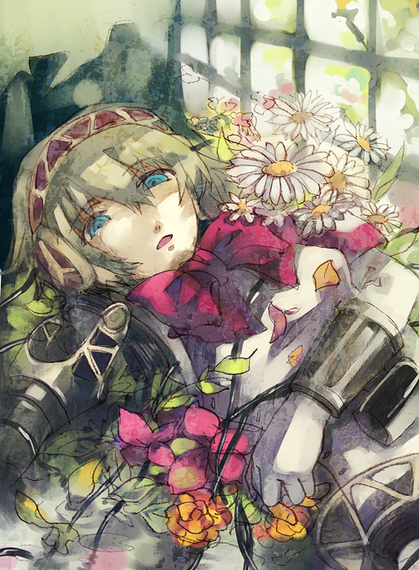 bac, aigis (persona), atlus, persona, persona 3, bad id, bad pixiv id, android, blonde hair, blue eyes, bow, flower, lying, open mouth, ribbon, short hair, solo