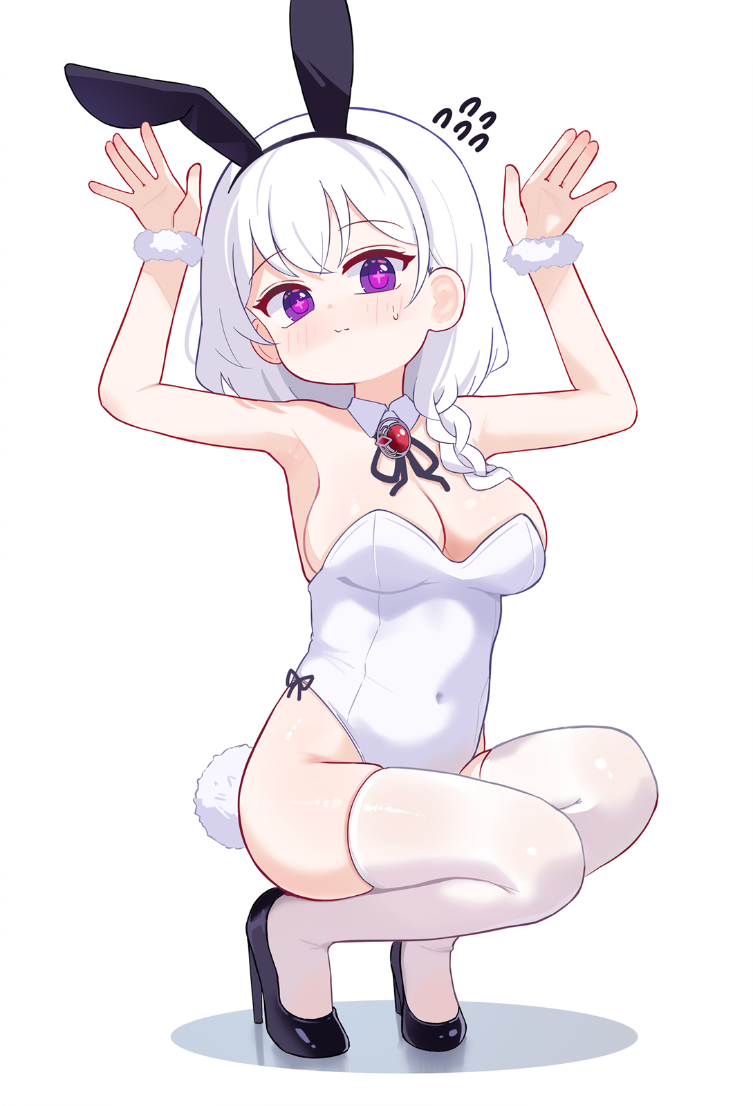 sseopik, original, commentary, commission, english commentary, highres, 1girl, animal ear hairband, animal ears, asymmetrical hair, black ribbon, braid, breasts, cleavage, covered navel, detached collar, fake animal ears, fur wrist cuffs, hairband, large breasts, leotard, neck ribbon, playboy bunny, purple eyes, rabbit ears, rabbit tail, ribbon, short hair, single braid, solo, strapless, strapless leotard, tail, white hair, white leotard, wrist cuffs