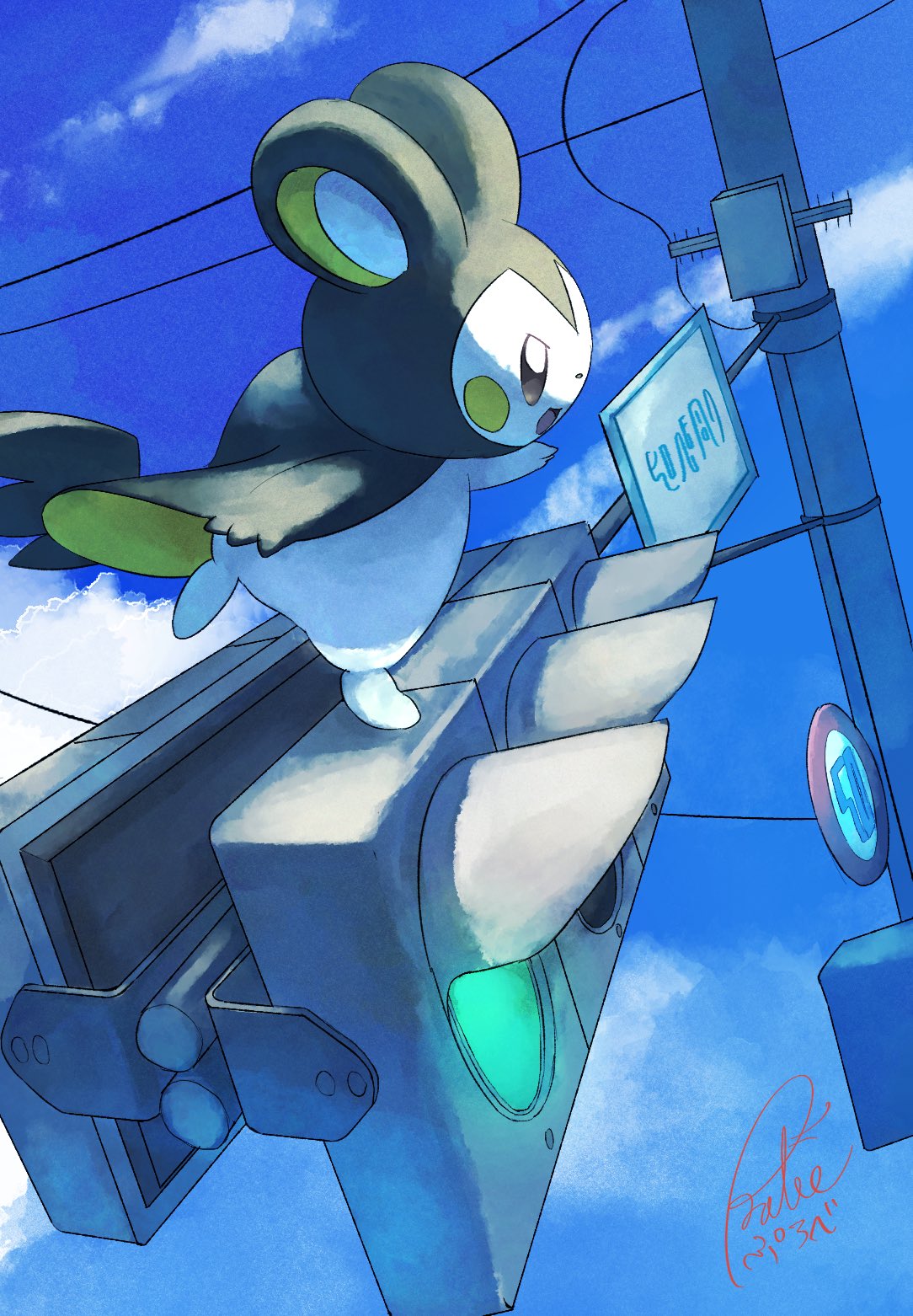 purobe, emolga, nintendo, pokemon, highres, animal focus, blue sky, cloud, gen 5 pokemon, no humans, open mouth, outdoors, pokemon (creature), pokemon focus, power lines, road sign, sign, sky, squirrel, traffic light, utility pole