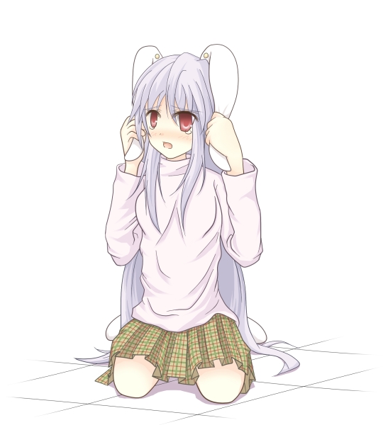 watage, reisen udongein inaba, touhou, bad id, bad pixiv id, 1girl, animal ears, blush, female focus, full body, hand on own ear, long hair, plaid clothes, plaid skirt, purple hair, rabbit ears, red eyes, skirt, solo, tears, white background