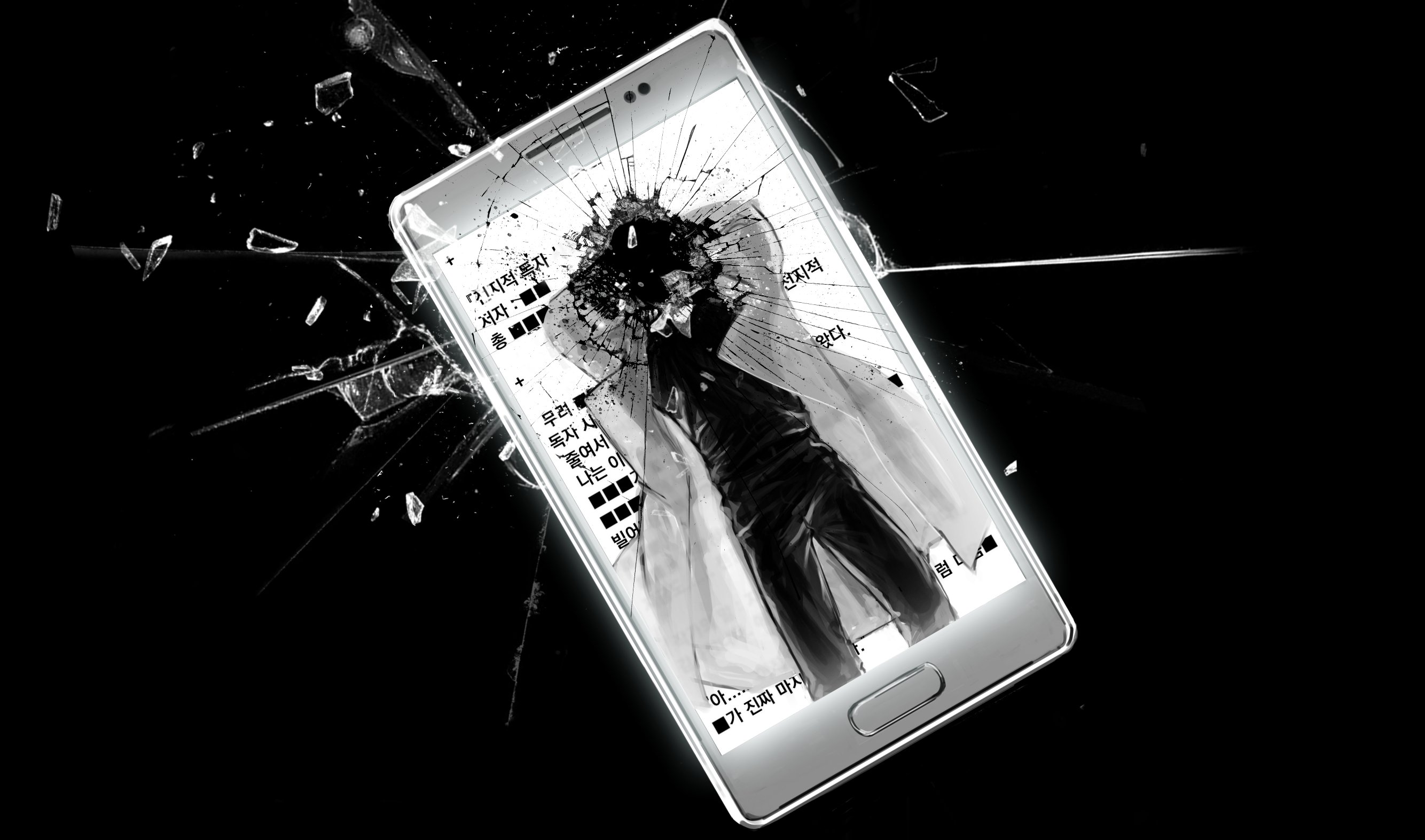 yoo joonghyuk, omniscient reader's viewpoint, highres, 1boy, awl inthe world, black vest, broken glass, broken phone, censored, censored identity, coat, feet out of frame, glass, greyscale, hole, korean text, male focus, monochrome, object focus, open clothes, open coat, phone, popped collar, solo, vest, white coat