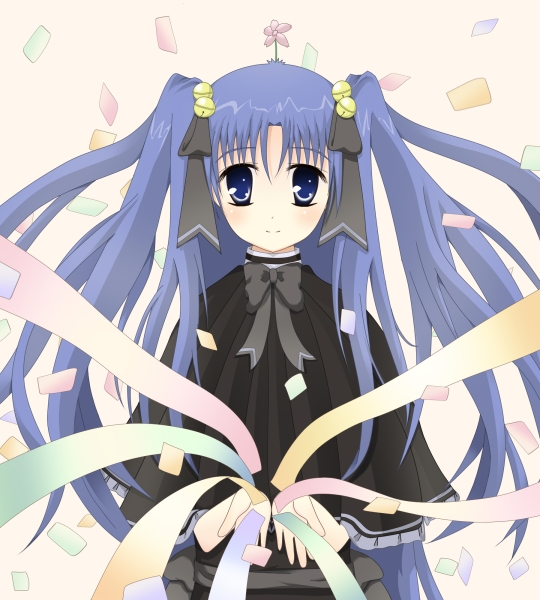 watage, aoba kozue, konno natsume, mahoraba, bad id, bad pixiv id, 00s, 1girl, bell, blue eyes, blue hair, confetti, female focus, flower, flower on head, hair ribbon, long hair, matching hair/eyes, ribbon, solo