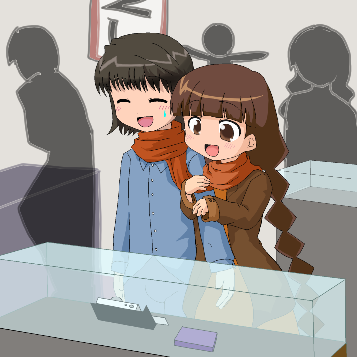 kanizawa, kanizawa kinu, unyoon (koorin), chanohata tamami, shiratori ryuushi, mahoraba, arm grab, 00s, 1boy, 1girl, braid, brown eyes, brown hair, holding another's arm, long hair, scarf, shop, shopping, sweatdrop, twin braids
