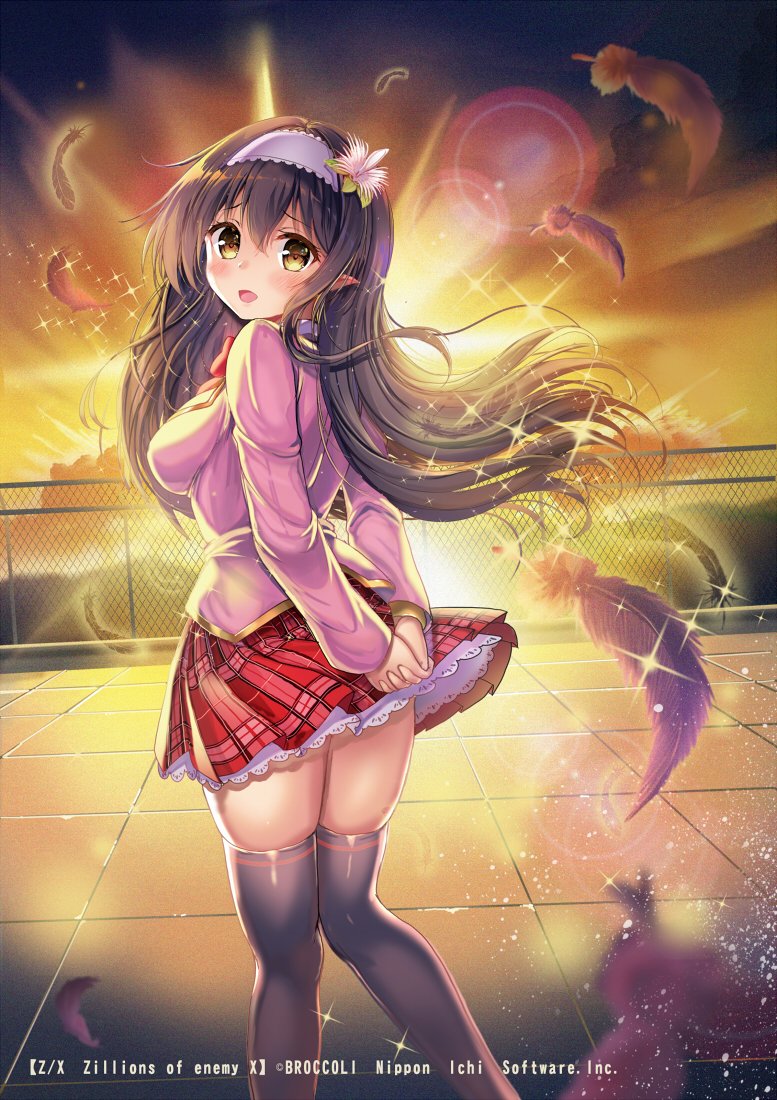 akabane (zebrasmise), z/x, official art, 1girl, black hair, black tank top, blazer, chain-link fence, copyright notice, feathers, fence, floating, flower, hair flower, hair ornament, hairband, jacket, long hair, looking back, open mouth, outdoors, own hands clasped, own hands together, pecteilis, pink jacket, plaid clothes, plaid skirt, red skirt, rooftop, school uniform, skirt, solo, sparkle, tank top, twilight, white hairband, yellow eyes