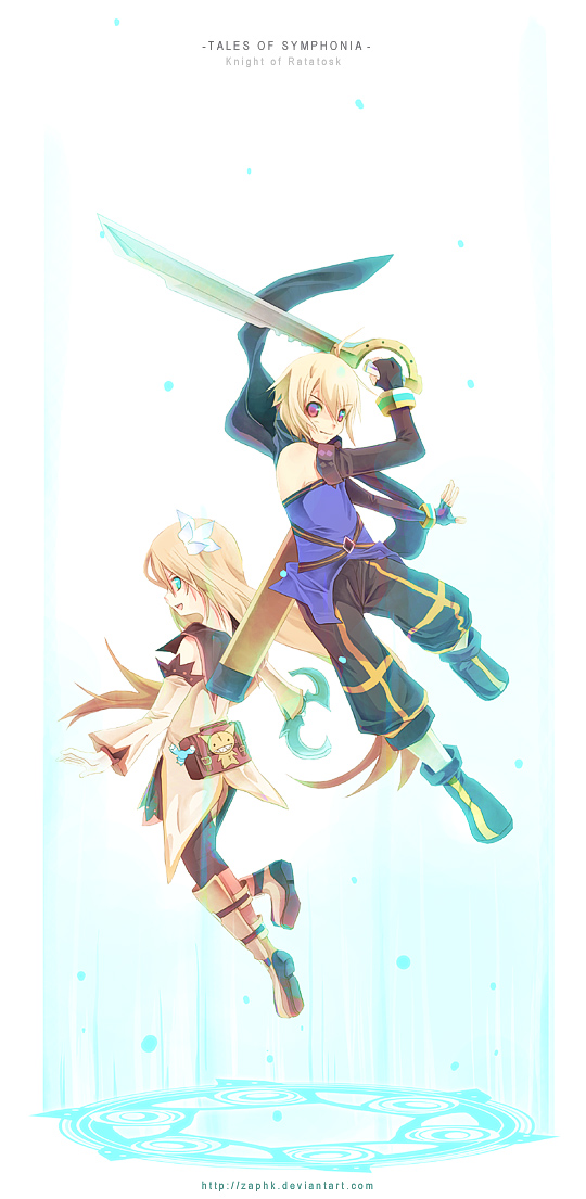 zaphk (artist), emil castagnier, marta lualdi, tales of (series), tales of symphonia, tales of symphonia: dawn of the new world, 00s, 1boy, 1girl, blonde hair, blue eyes, boots, brown hair, copyright name, flower, knee boots, long hair, red eyes, scarf, sword, very long hair, weapon