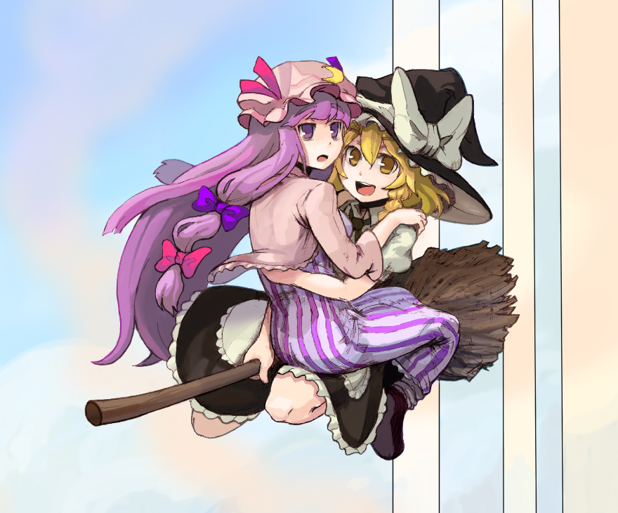 kirusu, kirisame marisa, patchouli knowledge, touhou, bad id, bad pixiv id, 2girls, blonde hair, bow, braid, broom, crescent hat ornament, female focus, hat, hat ornament, long hair, multiple girls, pink bow, purple eyes, purple hair, ribbon, witch, witch hat, yellow eyes
