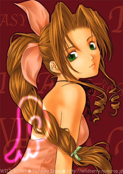 natsuka izumi, aerith gainsborough, final fantasy, final fantasy vii, 1990s (style), 1girl, bow, braid, brown hair, female focus, green eyes, long hair, pink bow, retro artstyle, solo