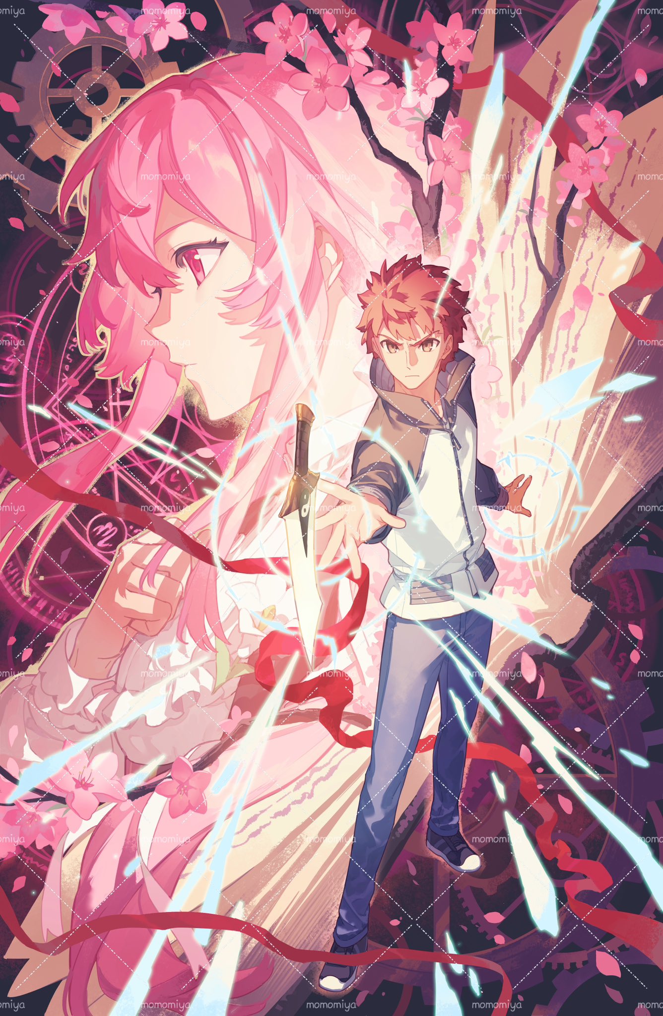 gaoyue jixiang, emiya shirou, momomiya shizuku (gaoyue jixiang), fate/stay night, fate (series), original, highres, 1girl, cherry, cherry blossoms, cloak, closed mouth, couple, cross, cross print, falling petals, field of blades, flower, flower swing, food, fruit, full body, hair flower, hair ornament, jacket, kanshou & bakuya (fate), long hair, magic circuit, oc x canon, orange hair, pastels, petals, pink eyes, pink flower, pink hair, pink petals, print ribbon, raglan sleeves, red cloak, red hair, ribbon, shoes, standing