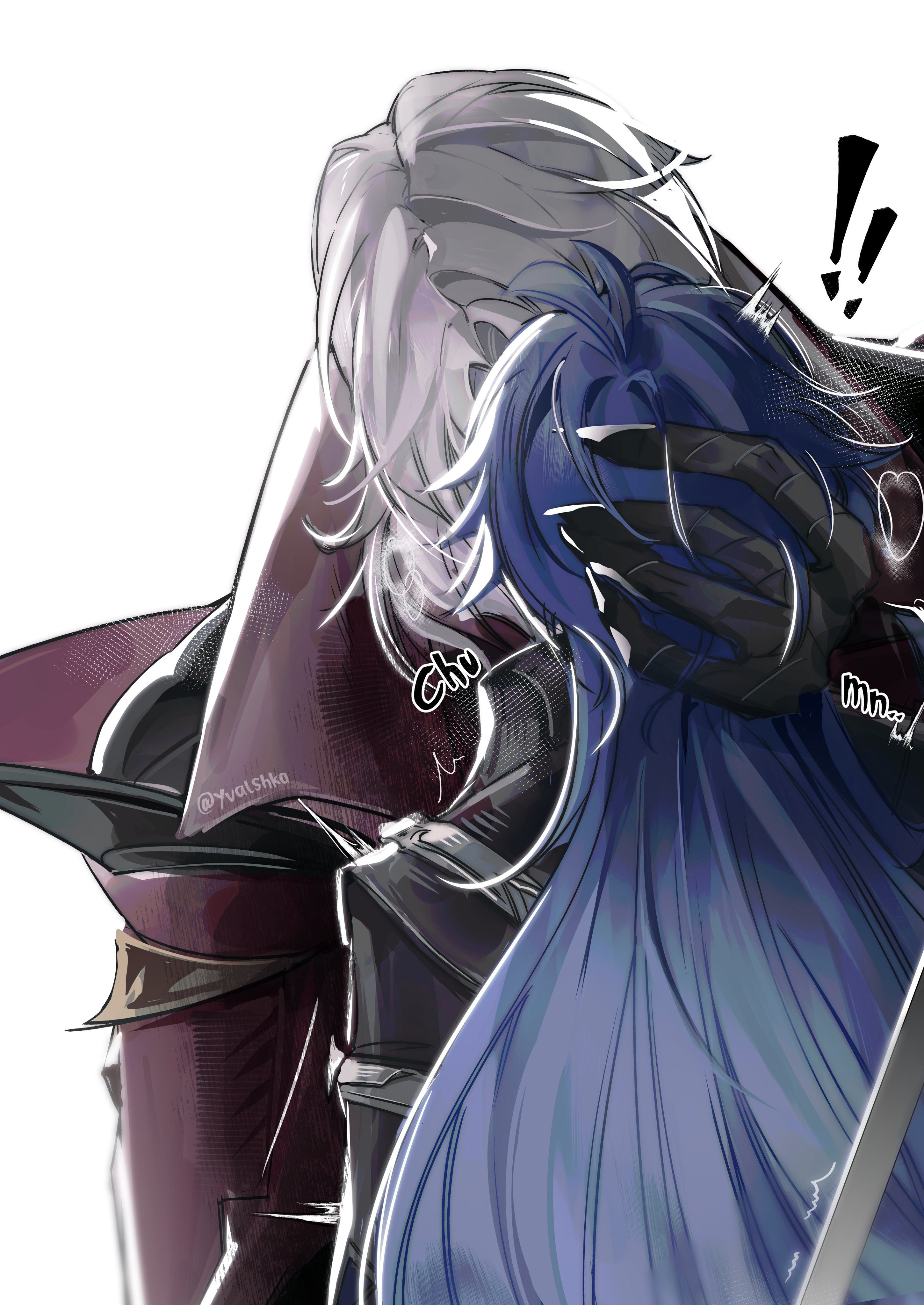 yvalshka, flins (genshin impact), rerir (genshin impact), genshin impact, absurdres, hashtag-only commentary, highres, !, !!, 2boys, antenna hair, artist name, bandaged arm, bandaged hand, bandages, black bandages, black capelet, black coat, blue hair, cape, capelet, coat, collared cape, collared capelet, facing away, from behind, gradient hair, hand on another's head, hand up, high collar, kiss, long hair, male focus, medium hair, multicolored hair, multiple boys, red cape, simple background, surprise kiss, surprised, twitter username, upper body, white background, white hair, yaoi
