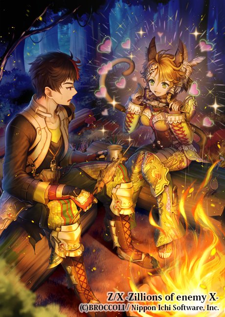 ronce, feuille (z/x), z/x, official art, 1boy, 1girl, animal ears, black hair, bonfire, branch, brown hair, cat ears, cat girl, cat tail, copyright notice, cup, fish (food), forest, green hair, grilled fish, hair ornament, hat, holding, holding branch, holding cup, kenbuchi souma, multicolored hair, nature, night, open mouth, outdoors, red hat, short hair, sitting, sparkle, tail