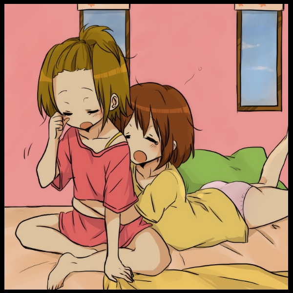 kakari (peehs), hirasawa yui, tainaka ritsu, k-on!, green pillow, 2girls, :o, ass, barefoot, bed, bed sheet, black border, blush, border, brown hair, closed eyes, double-parted bangs, forehead, hug, hug from behind, indian style, indoors, lying, multiple girls, on stomach, one side up, open mouth, panties, pink panties, red shirt, rubbing eyes, sheet grab, shirt, shirt slip, short hair, sidelocks, single bare shoulder, single strap, sitting, tearing up, underwear, waking up, window, yawning, yellow shirt, yuri
