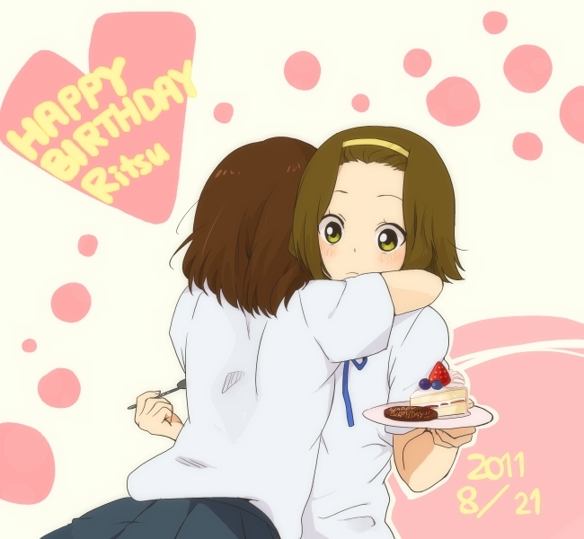 kakari (peehs), hirasawa yui, tainaka ritsu, k-on!, 2girls, birthday, birthday cake, blue ribbon, blue skirt, blush, brown hair, cake, closed mouth, dated, dot nose, food, forehead, hairband, happy birthday, holding, holding plate, hug, multiple girls, neck ribbon, plate, pleated skirt, ribbon, shirt, short hair, simple background, skirt, surprised, white shirt, yellow background, yellow eyes, yellow hairband, yuri