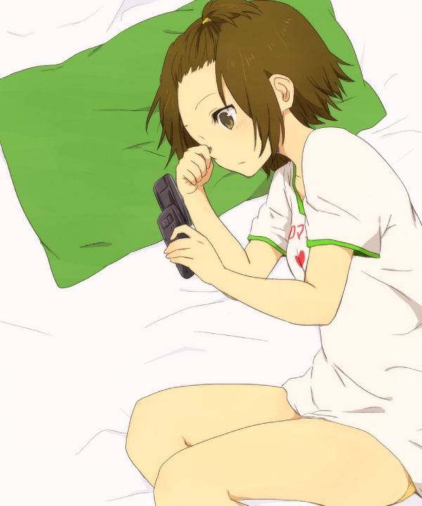 kakari (peehs), tainaka ritsu, k-on!, green pillow, 1girl, bed sheet, blush, brown eyes, brown hair, cellphone, flip phone, from above, looking at phone, lying, on side, one side up, phone, rubbing eyes, shirt, solo, thighs, white shirt, yuri