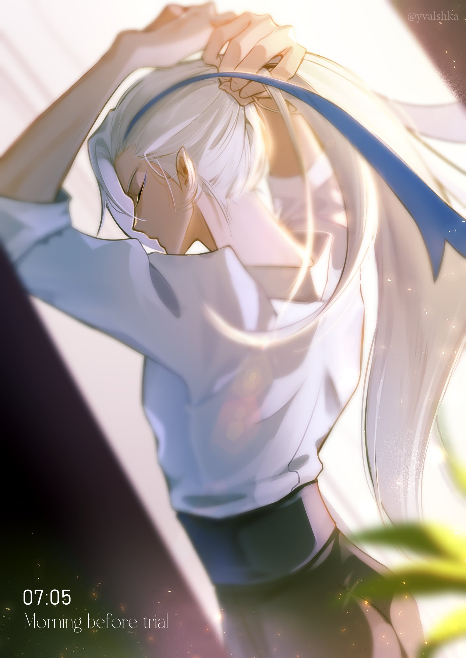 yvalshka, neuvillette (genshin impact), genshin impact, commentary request, highres, 1boy, artist name, asymmetrical bangs, blue hair, blurry, blurry background, blurry foreground, bunching hair, closed eyes, closed mouth, english text, from behind, hands up, indoors, light particles, long hair, male focus, multicolored hair, parted bangs, plant, pointy ears, shirt, shirt tucked in, sleeves rolled up, solo, standing, streaked hair, timestamp, twitter username, tying hair, white hair, white shirt