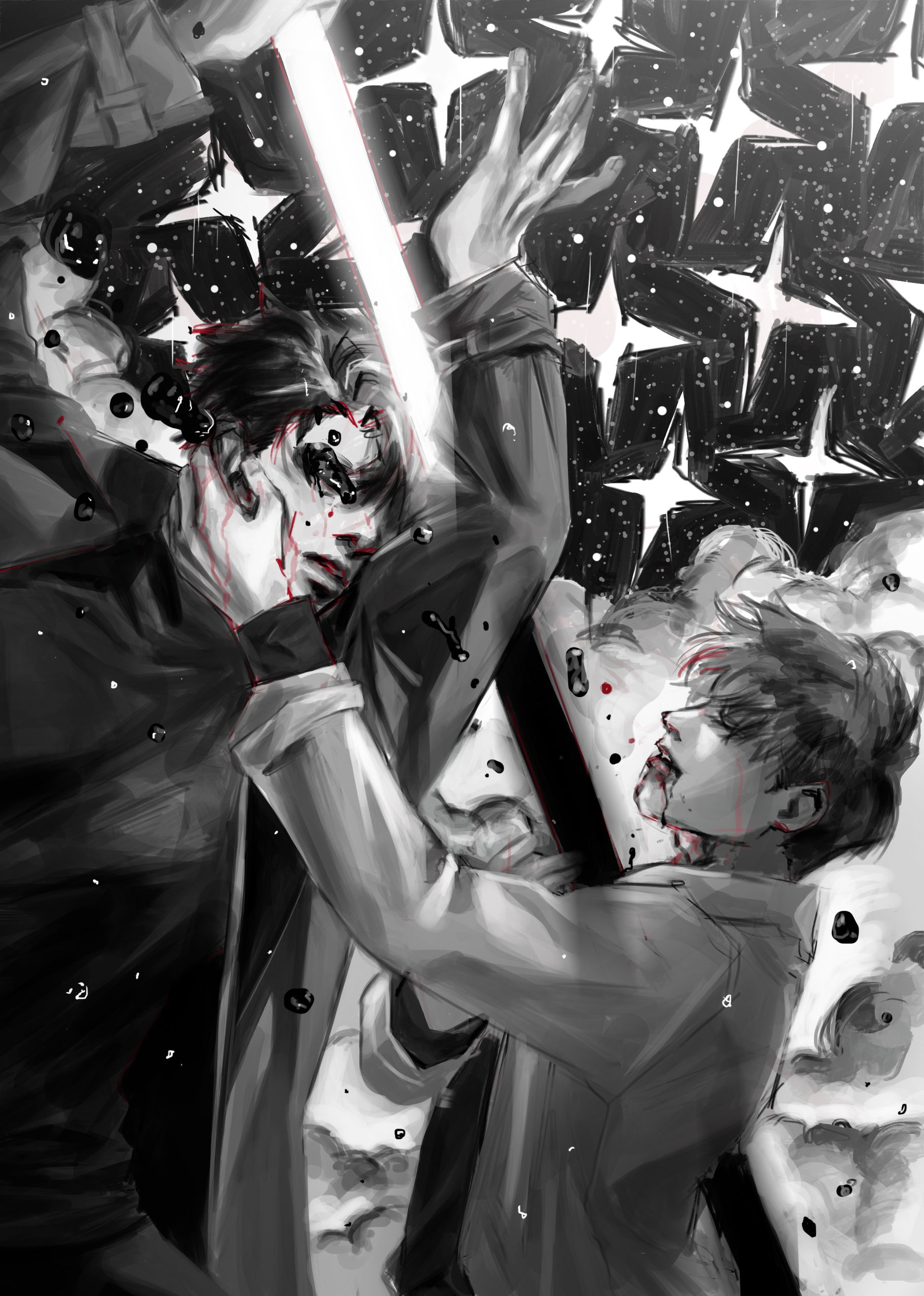 kim dokja, yoo joonghyuk, omniscient reader's viewpoint, absurdres, highres, 2boys, angry, awl inthe world, black eyes, black hair, blood, blood from mouth, blood splatter, bubble, closed eyes, crying, crying with eyes open, falling, hand up, imminent murder, impaled, looking at another, male focus, multiple boys, open mouth, partially colored, serious, short hair, star (symbol), tears