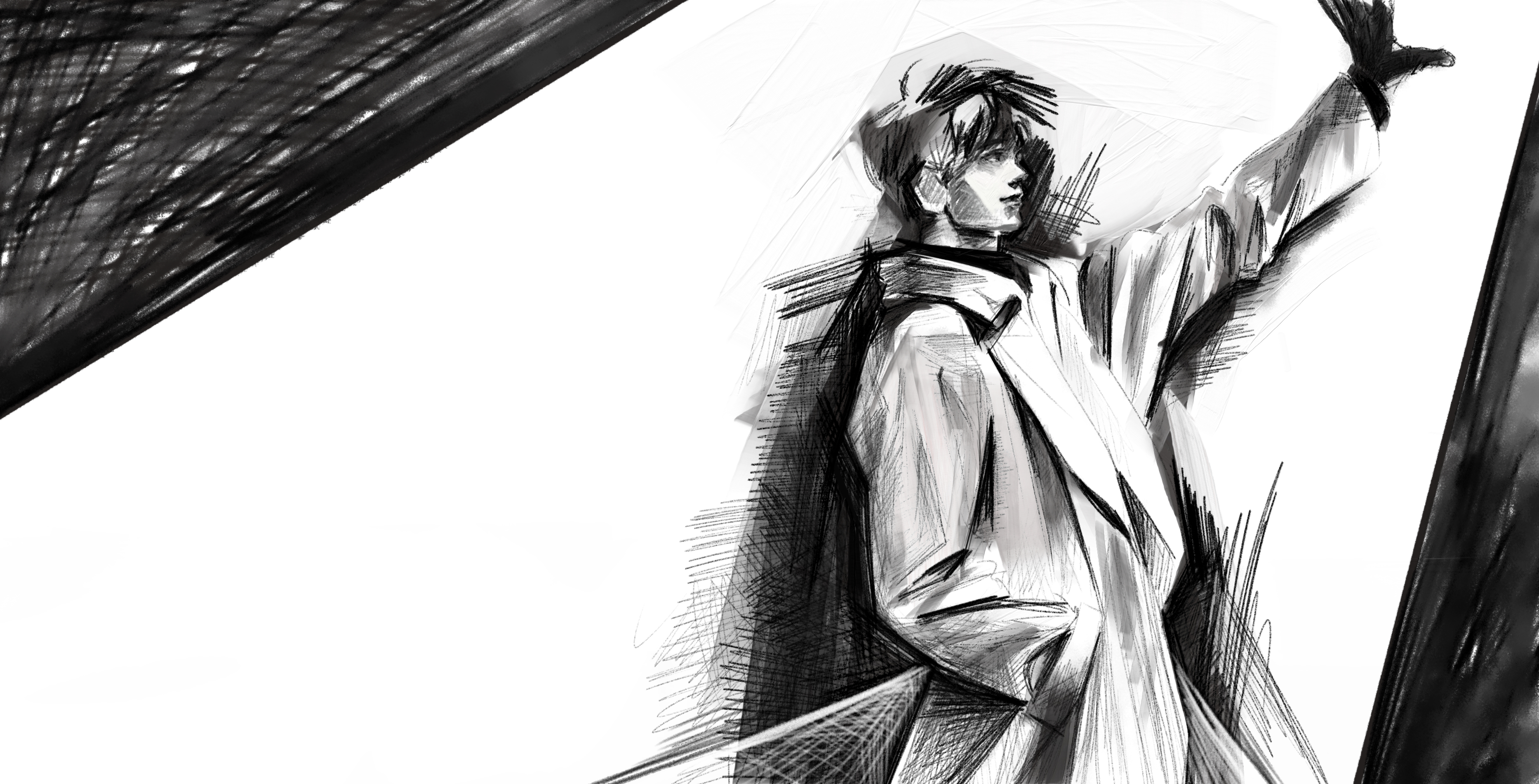 yoo joonghyuk, omniscient reader's viewpoint, absurdres, highres, 1boy, awl inthe world, black gloves, black hair, coat, gloves, greyscale, hand in pocket, hand up, male focus, monochrome, outstretched arm, scabbard, sheath, short hair, solo, spotlight, standing, white coat