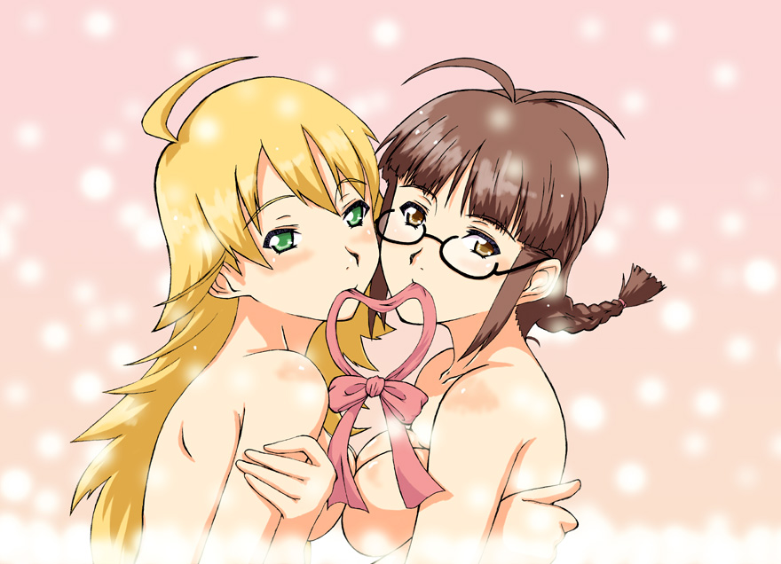 hiropon (iianbe), akizuki ritsuko, hoshii miki, idolmaster, idolmaster (classic), idolmaster 1, arm grab, 00s, 2girls, ahoge, antenna hair, bare arms, bare shoulders, blonde hair, blush, bow, braid, breast press, breasts, brown eyes, brown hair, couple, female focus, glasses, green eyes, heart, hug, light particles, long hair, looking at viewer, medium breasts, mouth hold, multiple girls, neck, nude, pink bow, pink ribbon, ribbon, short hair, sideboob, single braid, symmetrical docking, upper body, yuri