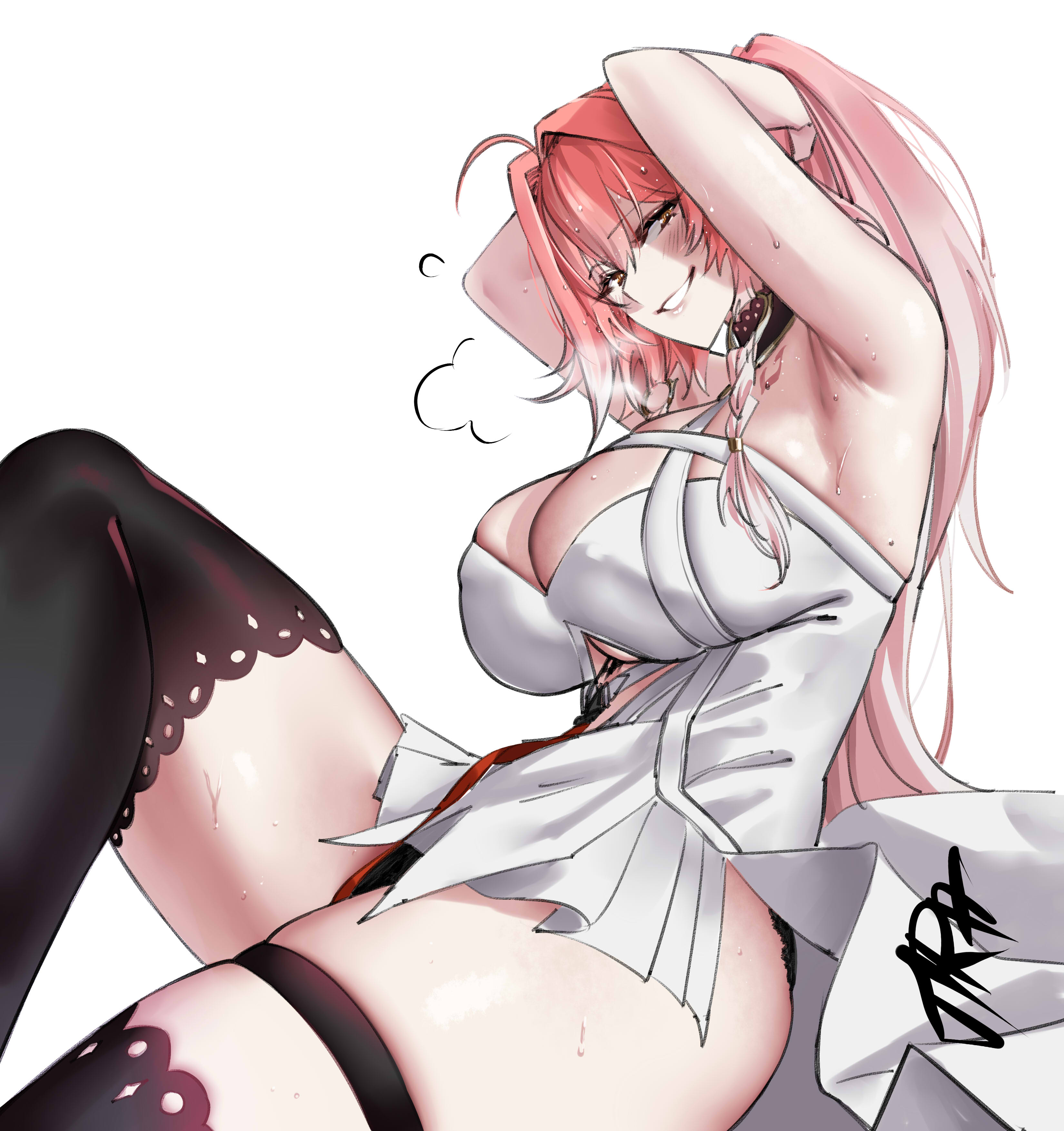 tira (tiiramiiisu2), changli (wuthering waves), wuthering waves, absurdres, highres, 1girl, adjusting hair, armpits, black collar, breasts, collar, hair extensions, large breasts, multicolored hair, pink hair, ring hair extensions, simple background, solo, sweat, thick thighs, thighs, two-tone hair, white background