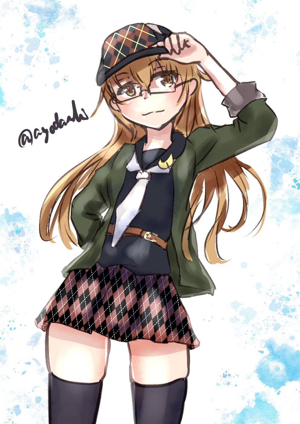 agodashi, mochizuki (kancolle), mochizuki (zuiun festival) (kancolle), kantai collection, highres, 1girl, adapted costume, argyle clothes, argyle hat, argyle skirt, black sailor collar, black shirt, black thighhighs, brown eyes, brown hair, crescent, crescent pin, green jacket, jacket, long hair, neckerchief, one-hour drawing challenge, pleated skirt, red-framed eyewear, sailor collar, sailor shirt, school uniform, semi-rimless eyewear, serafuku, shirt, skirt, solo, thighhighs, twitter username, under-rim eyewear, white neckerchief