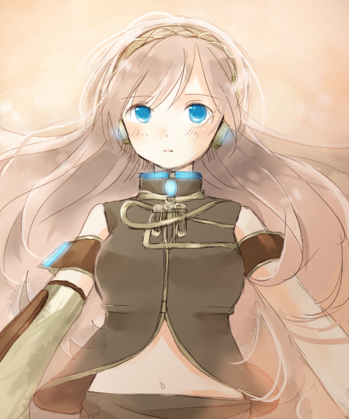 yoshioka mitsuko, megurine luka, vocaloid, 1girl, blue eyes, female focus, looking at viewer, pink hair, solo, upper body