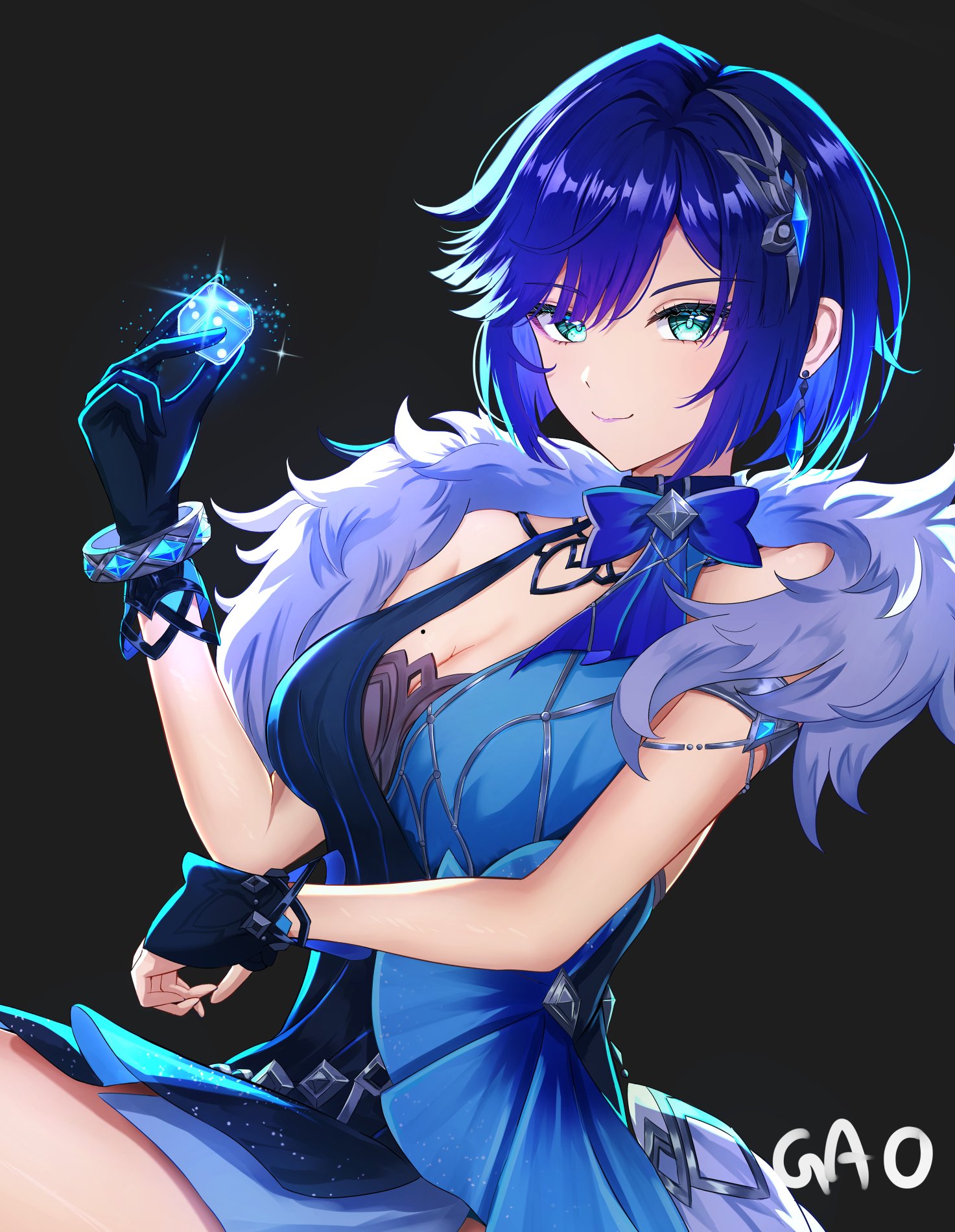 gao kawa, yelan (genshin impact), yelan (tranquil banquet) (genshin impact), genshin impact, commentary request, highres, 1girl, asymmetrical gloves, bare shoulders, black background, blue bow, blue dress, blue eyes, blue gemstone, blue gloves, blue hair, bow, breasts, cleavage, closed mouth, dice, dress, earrings, fingerless gloves, gem, gloves, hair ornament, holding, holding dice, jewelry, large breasts, looking at viewer, mole, mole on breast, official alternate costume, smile, solo, two-tone dress, uneven gloves