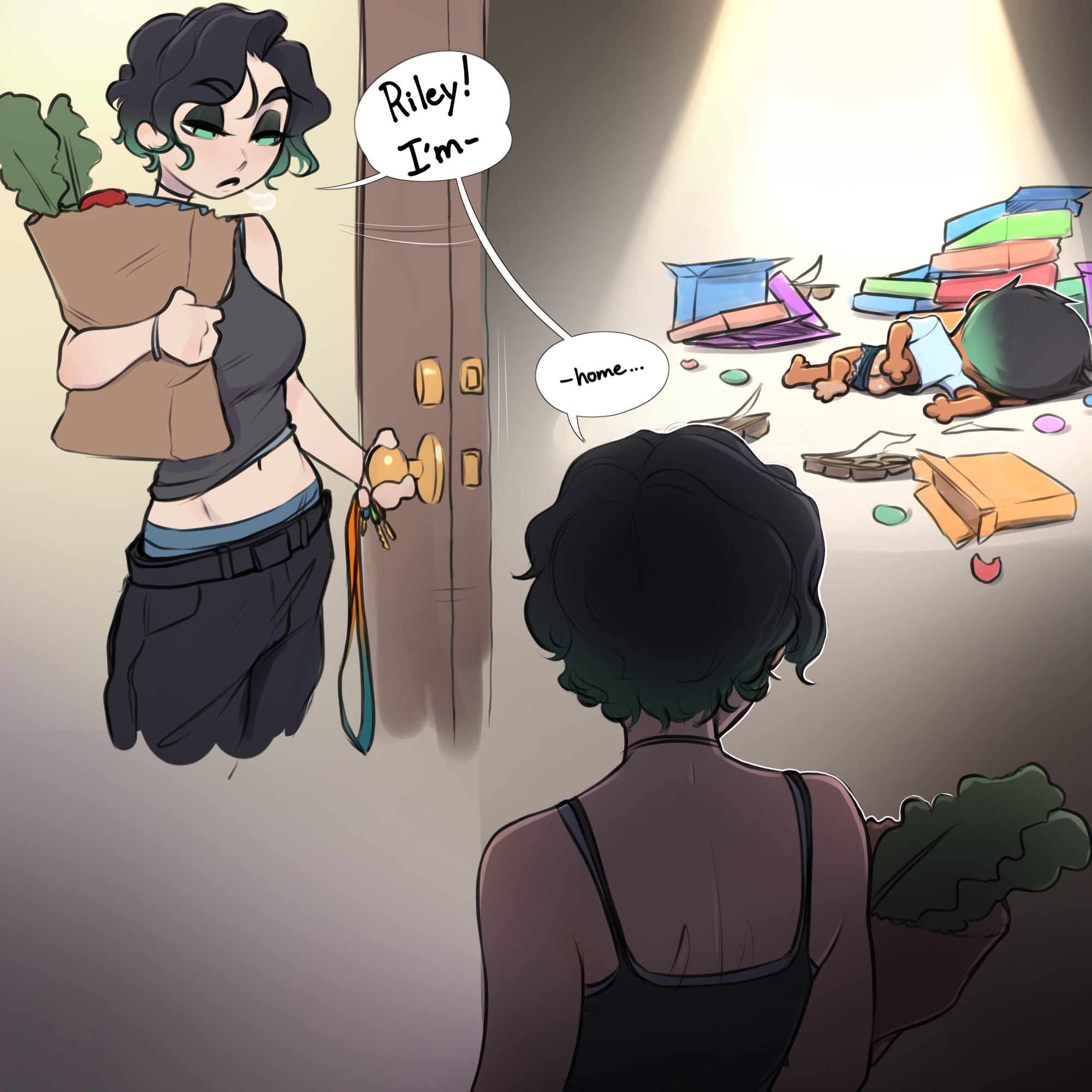 pudgeruffian, riley fairfeather, original, highres, 2girls, ass, bag, bare arms, bare shoulders, black hair, black pants, black shirt, book, breasts, carton, chris (pudgeruffian), english text, food, green eyes, holding, holding bag, multicolored hair, multiple girls, navel, open door, panties, pants, piercing, shirt, short hair, shorts, speech bubble, two-tone hair, underwear