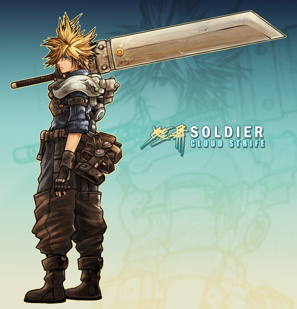 bryce kho, cloud strife, final fantasy, final fantasy tactics, final fantasy tactics advance, final fantasy vii, 1boy, armor, blonde hair, blue eyes, boots, buster sword, character name, fingerless gloves, gloves, green eyes, huge weapon, male focus, parody, solo, style parody, sword, weapon, zoom layer