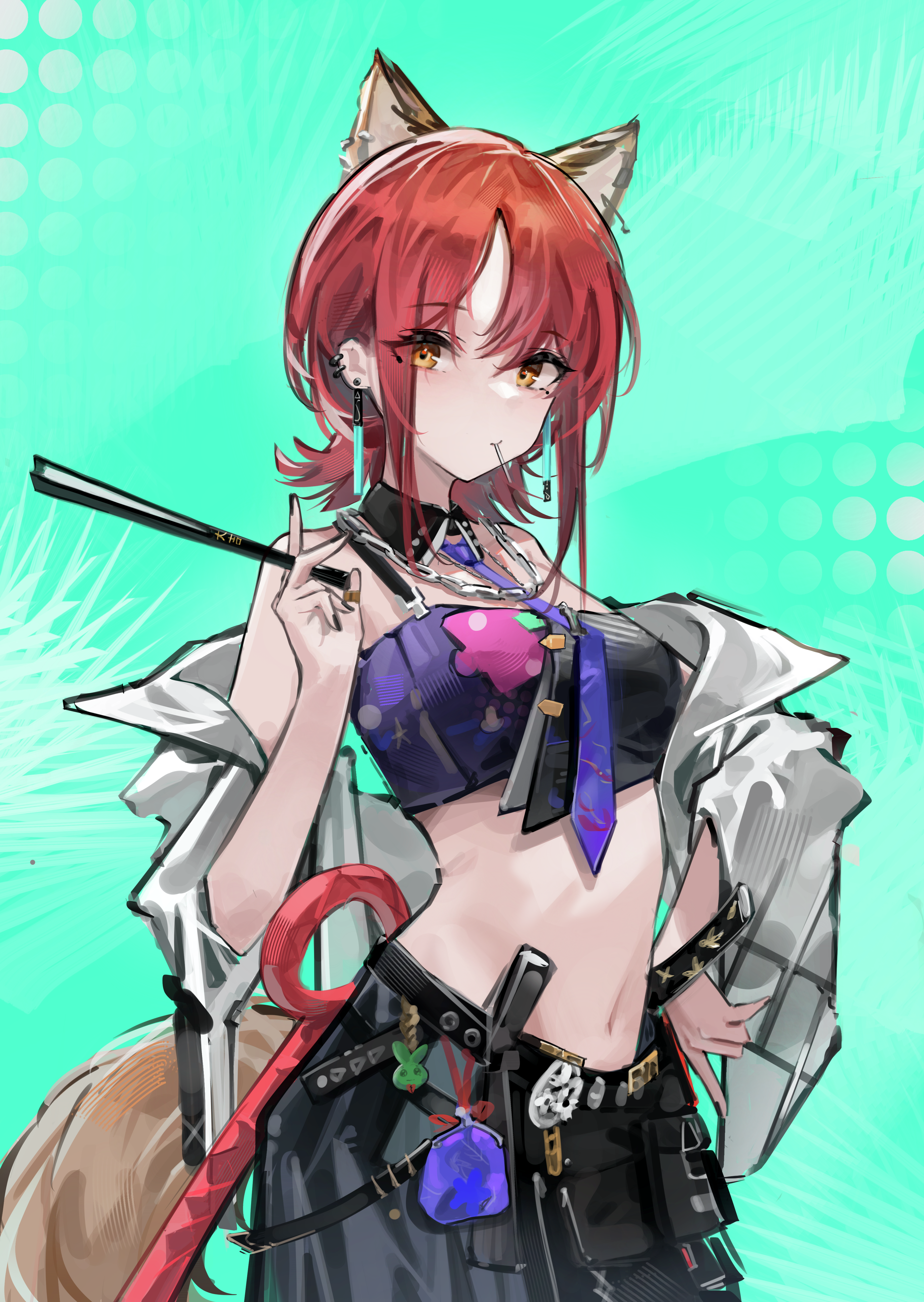 meihina, kichisei (arknights), arknights, absurdres, commentary, highres, 1girl, animal ears, aqua background, bandeau, bare shoulders, black bandeau, brown tail, chain, chain necklace, cowboy shot, crop top, ear piercing, earrings, holding, jewelry, looking at viewer, mouth hold, navel, necklace, necktie, off shoulder, orange hair, piercing, purple necktie, shirt, short hair, solo, standing, stomach, tail, white shirt, yellow eyes