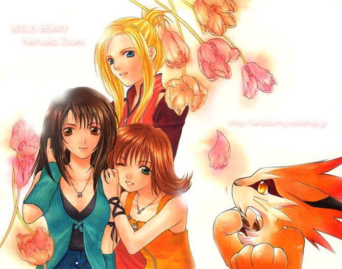 natsuka izumi, moomba, quistis trepe, rinoa heartilly, selphie tilmitt, final fantasy, final fantasy viii, 1990s (style), 3girls, blonde hair, blue eyes, brown eyes, brown hair, flipped hair, flower, green eyes, jewelry, multiple girls, necklace, one eye closed, orange hair, smile, wink, yellow eyes